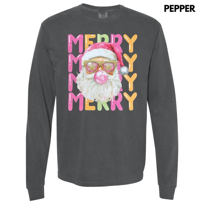Stacked Merry Retro Santa Long Sleeve Comfort Colors T-Shirt Hoodie Sweatshirt | PrintMintTees.com