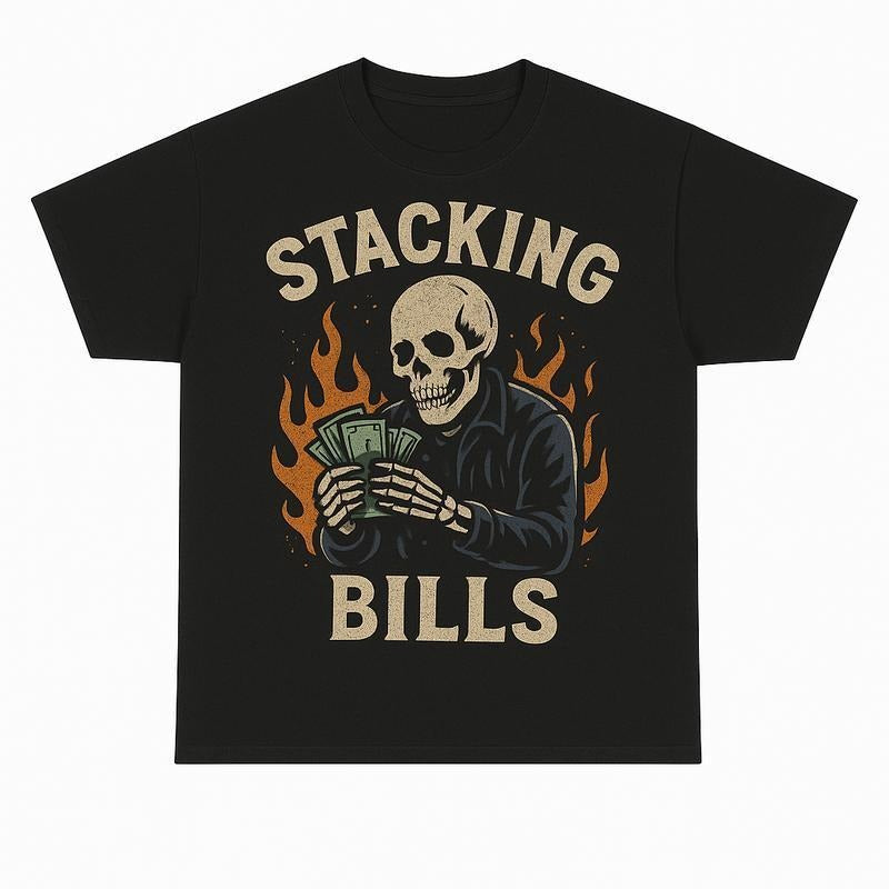 Stacking Bills Shirt | Funny Hustle Money Graphic Tee | Retro Skull Streetwear T Shirt | Hip Hop Rap Aesthetic Outfit |...