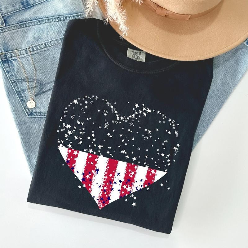 Star Hearts, Red White Blue, Patriotic, 4th of July Tshirt, Women's Crew Neck, Crewneck Hoodie Sweatshirt | PrintMintTees.com