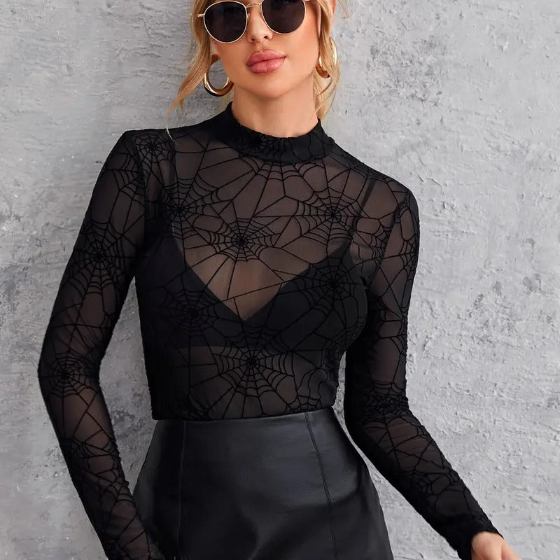 Star Mesh See Through Mock Neck Long Sleeve Tops T-Shirts, Hoodie, Sweatshirt