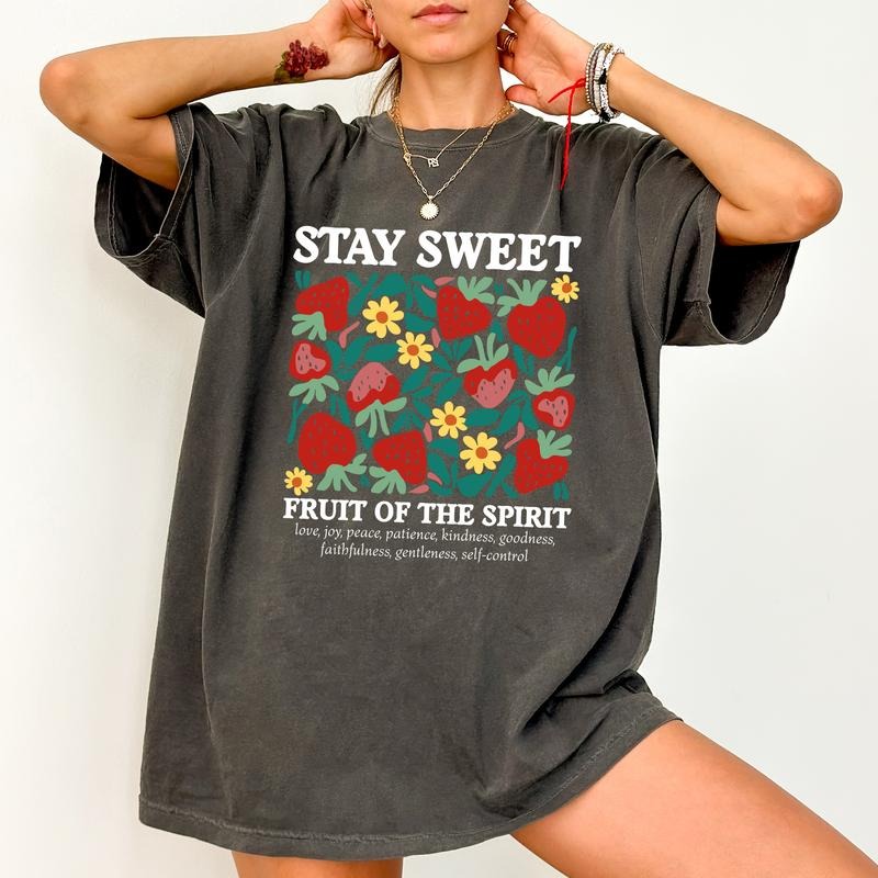 Stay Sweet Comfort Colors Shirt, Fruits of the Spirit T-shirt, Boho Christian Strawberry Graphic Tee, Inspirational...