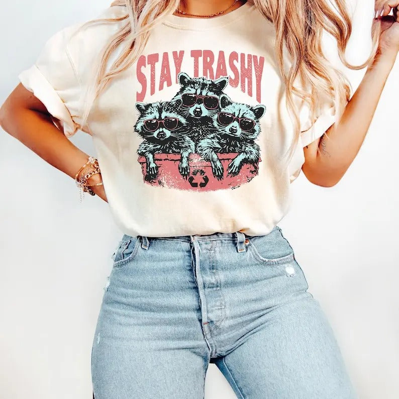 Stay Trashy Tshirt, Retro Funny Graphic Tees, Racoon Shirt, Meme Graphic T-Shirt, Raccoon Lover Gift, Meme Graphic Top...