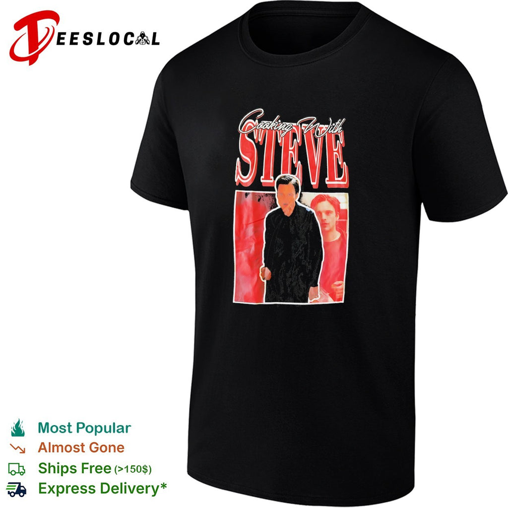 Steve cooking with man portrait shirt