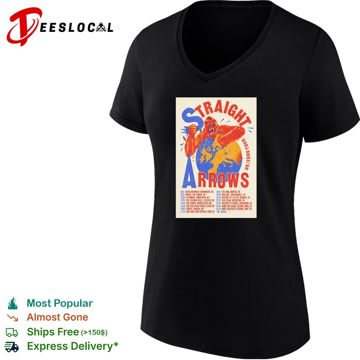Straight Arrows UK Euro tour gorilla map vintage shirt