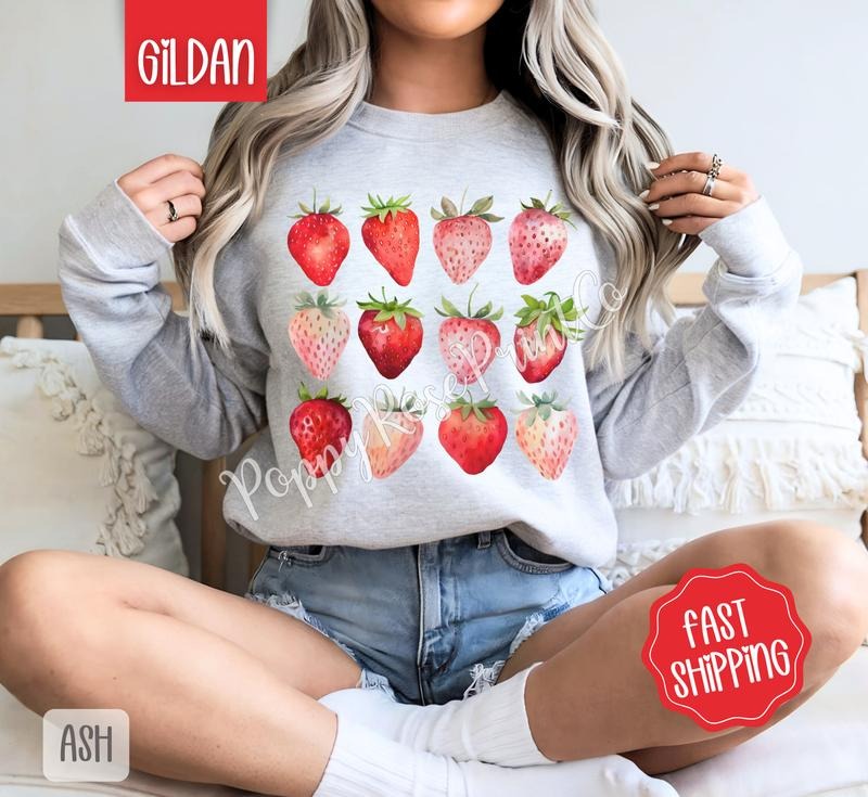 Strawberries Gildan Sweatshirt, Fruit Summer Sweater, Cute Women's Crewneck, Gift For Her T-Shirts, Hoodie