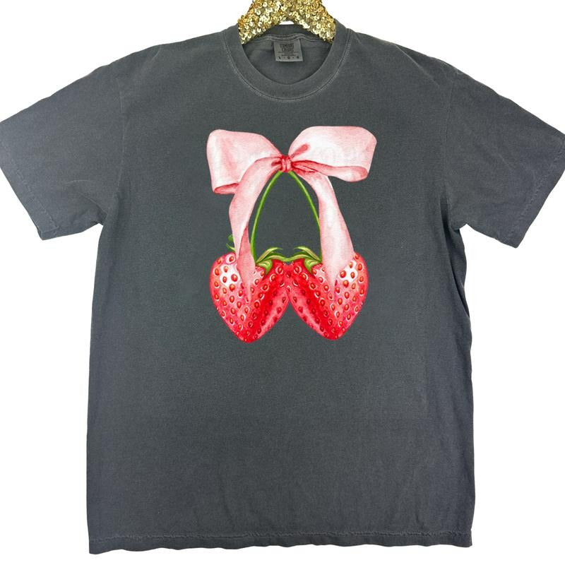 Strawberry Bow Coquette Comfort Colors T-Shirt Hoodie, Sweatshirt | PrintMintTees.com
