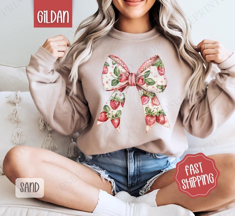 Strawberry Bow Sweatshirt, Cute Fruit Sweater, Girly Aesthetic Crewneck Shirt Hoodie | PrintMintTees.com