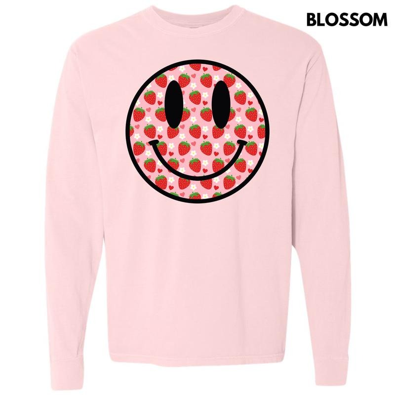 Strawberry Happy Face Long Sleeve Comfort Colors T-Shirt 'NLB' Hoodie, Sweatshirt | PrintMintTees.com