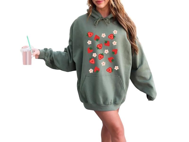 Strawberry Hoodie, Gardener Shirt For Women, Cottagecore Hoodie, Floral Shirt Gift, Wildflower Sweat, Unisex Hoodie, Long...