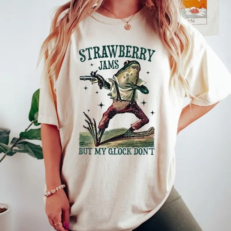 Strawberry Jams But My Gl*ck Don't T-Shirt , Funny Frog T-Shirt, Funny Meme Shirt, Funny Frog Tee Cotton Top Womenswear...