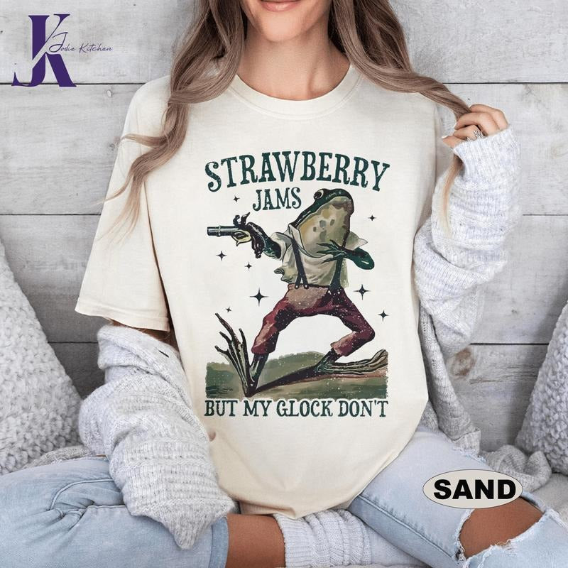 Strawberry Jams But My Glock Don't Shirt, Western Frog Graphic Tee, Gun Tee, Strawberry Jam Sweatshirt, Western...