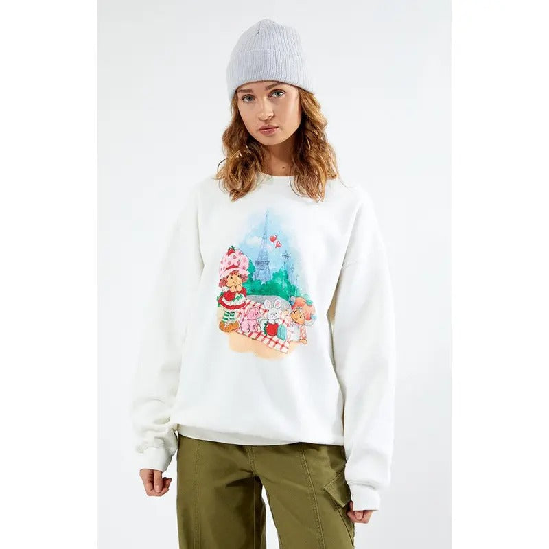 Strawberry Shortcake Women's Eiffel Tower Picnic Crew Neck Sweatshirt Shirt Hoodie | PrintMintTees.com