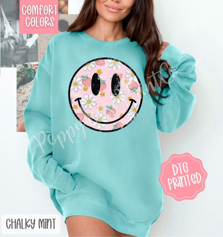 Strawberry Smiley Comfort Colors Sweatshirt, Cute Floral Smiley Face Sweater, Trendy Summer Crewneck, Gift for Her Shirt...