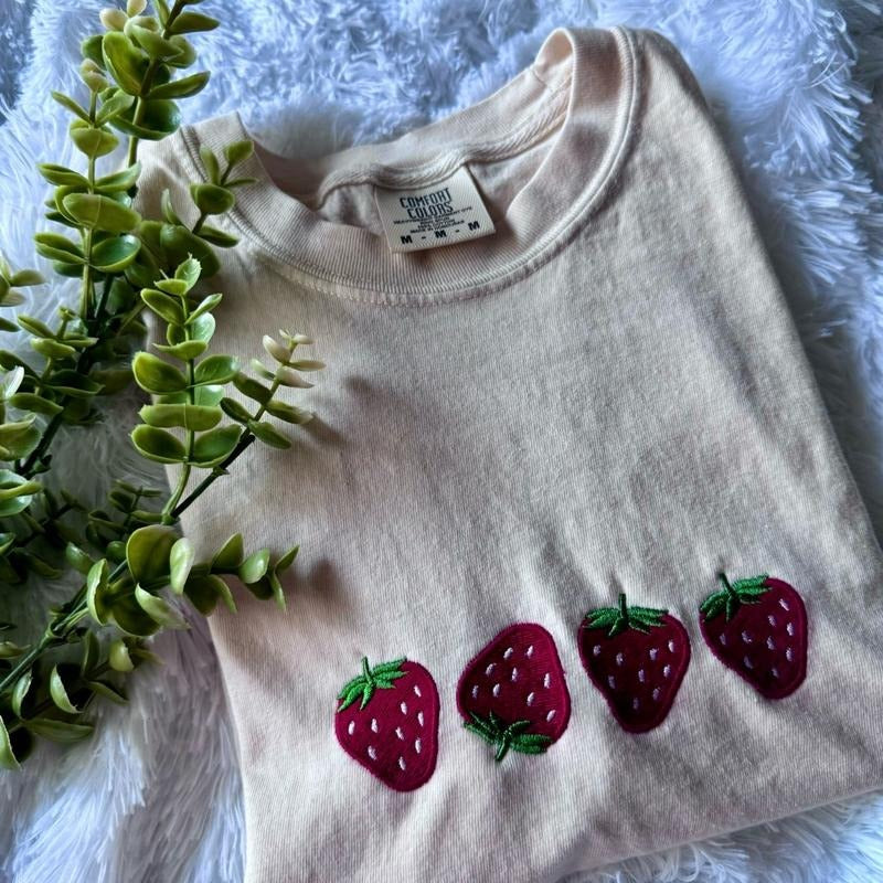 Strawberry Tshirt, Embroidered Summer Shirt, Strawberry Shirt, Oversized Beach Comfort Hoodie Sweatshirt | PrintMintTees.com