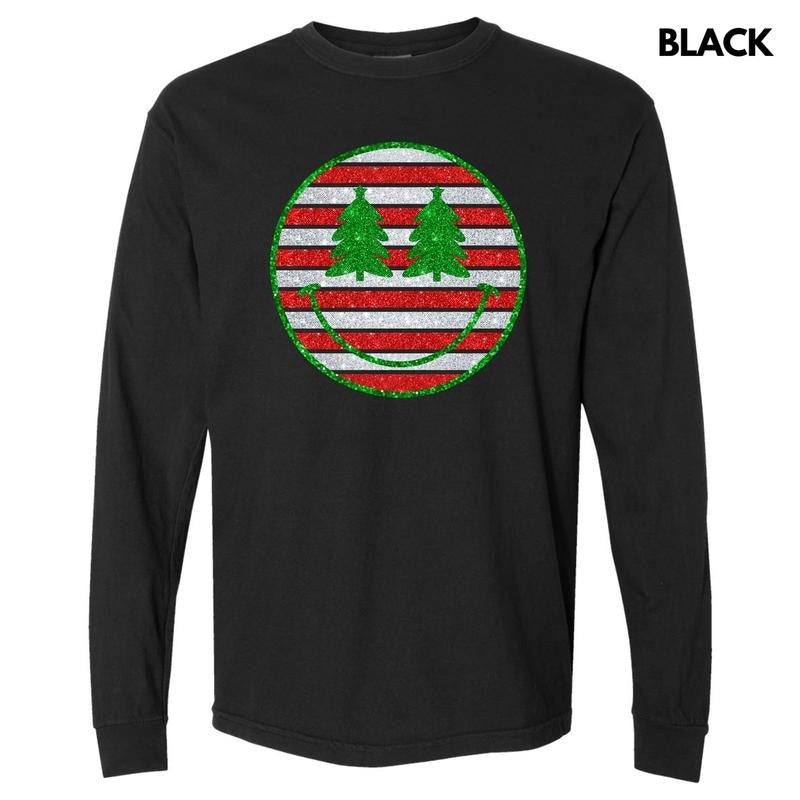 Striped Christmas FAKE Glitter Happy Face Long Sleeve Comfort Colors T-Shirt 'NLB' Hoodie, Sweatshirt | PrintMintTees.com