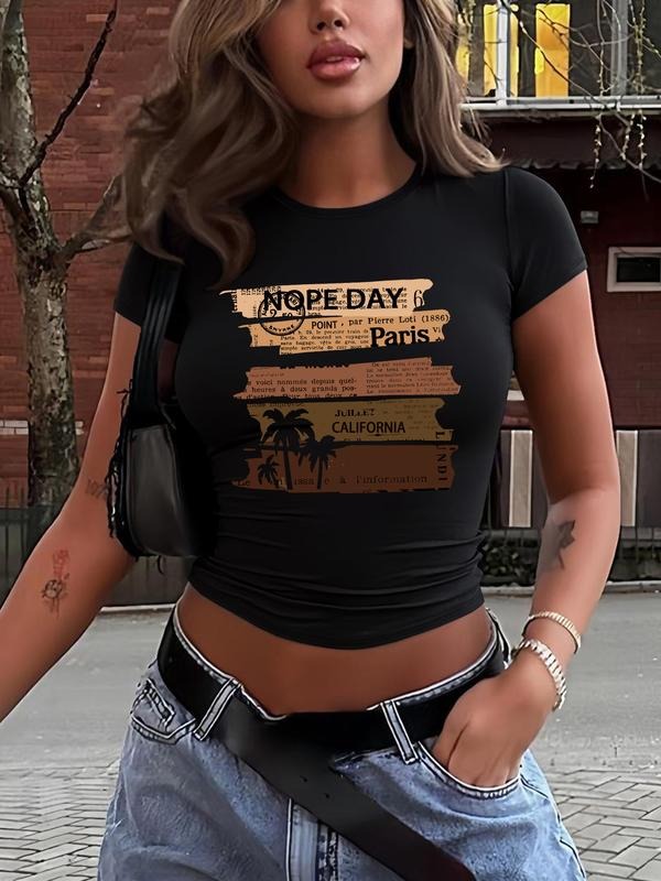 Stylish Casual Fitted Cropped T-Shirt with Letter Print, Short Sleeve and Round Neck, Available in 8 Colors for All...