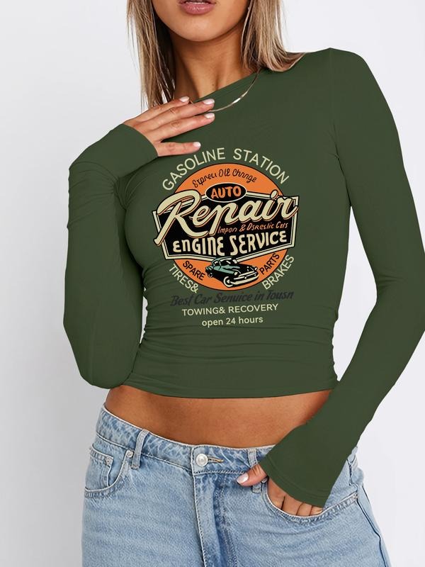 Stylish Long Sleeve Cropped T-Shirt for Women with Racing Print, Sexy Tight-Fitting Design for Spring & Fall, Available...