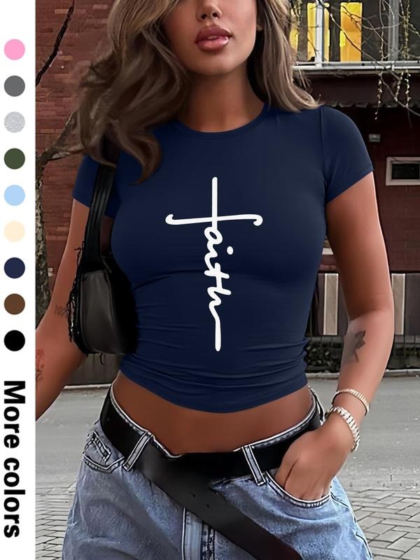 Stylish Simple Cross Letter Print Fitted Short Sleeve Cropped T-Shirt for Women, Choose From 9 Colors for All Seasons...