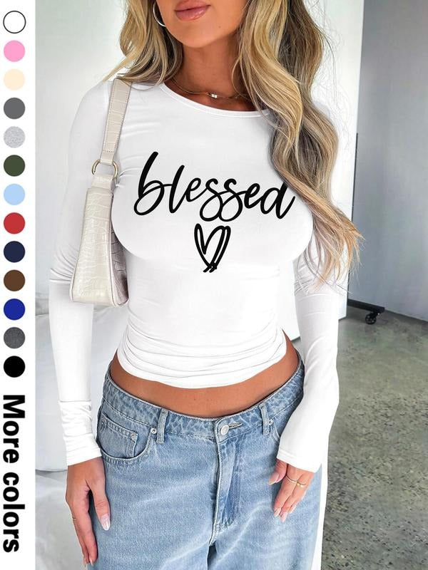 Stylish Simple Heart Element Letter Printed Long Sleeve Cropped T-Shirt for Women, 13 Color Choices, Spring & Fall Sexy...
