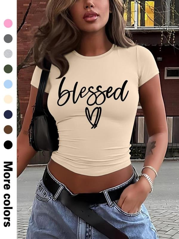 Stylish Simple Heart Letter Print Cropped Short Sleeve T-Shirt, 9 Color Options, Fitted Casual Top for All Seasons Hoodie...