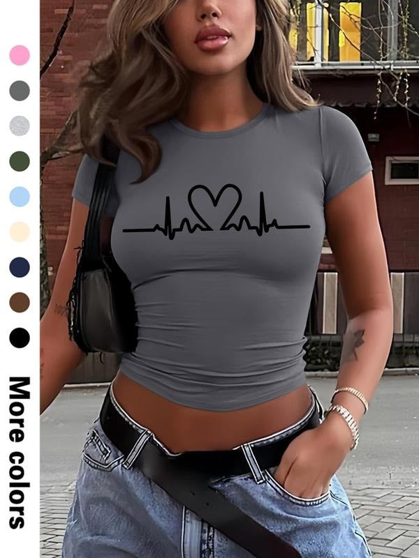 Stylish Simple Heart Print Fitted Short Sleeve Cropped T-Shirt for Women, Choose From 9 Colors for All Seasons, Casual...