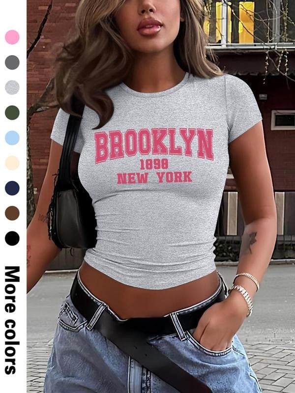 Stylish Simple Letter Print Fitted Cropped T-Shirt for Women, Short Sleeve Round Neck Top Available in 9 Colors, Casual...