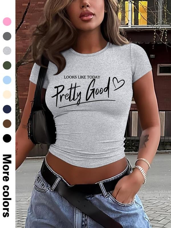 Stylish Simple Letter Print Fitted Cropped T-Shirt for Women, Short Sleeve Round Neck Top Available in 9 Colors, Casual...