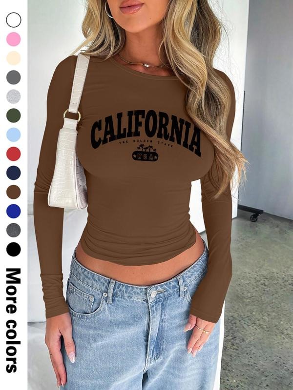 Stylish Simple Plant Letter Print Long Sleeve Round Neck Women Cropped T-Shirt, 13 Colors Available for Spring & Fall...
