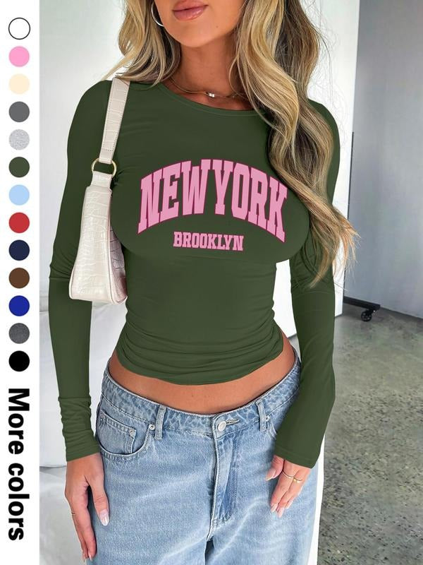 Stylish Women's Short Cropped T-Shirt with New York Print, Long Sleeve Design for Spring & Fall, Available in 13 Colors...