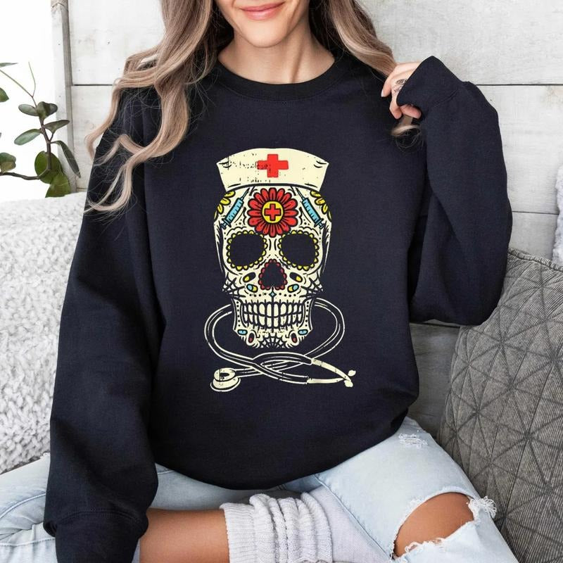 Sugar Skull Nurse Sweatshirt, Day of The Dead Nurse Shirt, Halloween Medical Crewneck, Stethoscope Skull Nurse Top, Nurse...
