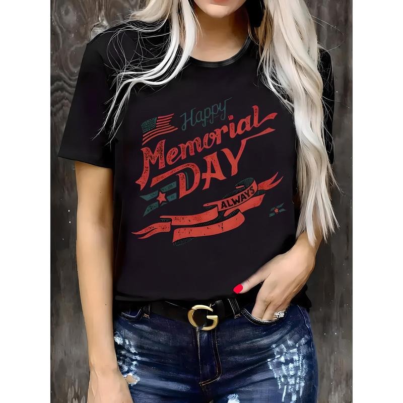 Memorial Day Women's Patriotic Round Neck Short Sleeve T-Shirt - Breathable, Light Beige-Friendly & Slimming Fit - "Happy...