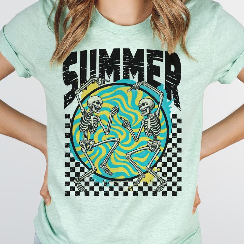 Summer Checkerboard Dancing Skeleton Graphic Tee Retro Grunge Summer Skull Tshirt Women's Casual Short Sleeve Top Hoodie...