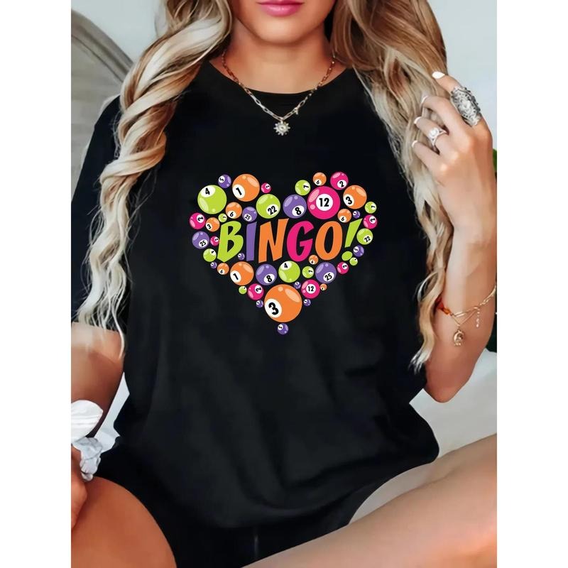 Women'S Casual T-Shirt with Bingo Print - Short Sleeve, Round Neck, Stretchy, Machine Washable