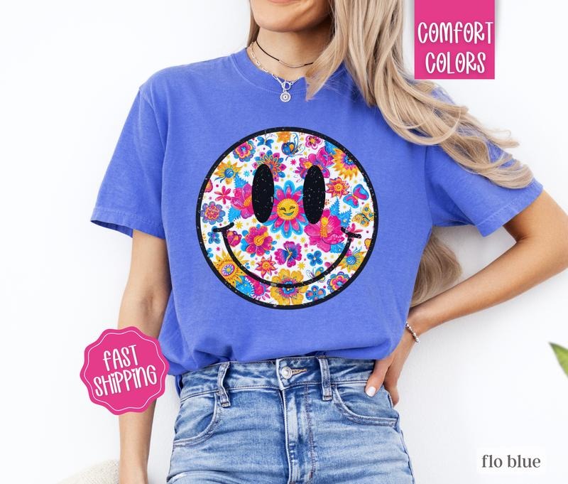 Summer Floral Happy Face Shirt Comfort Colors, Beach Tshirt, Smile Face Tee Hoodie Sweatshirt | PrintMintTees.com