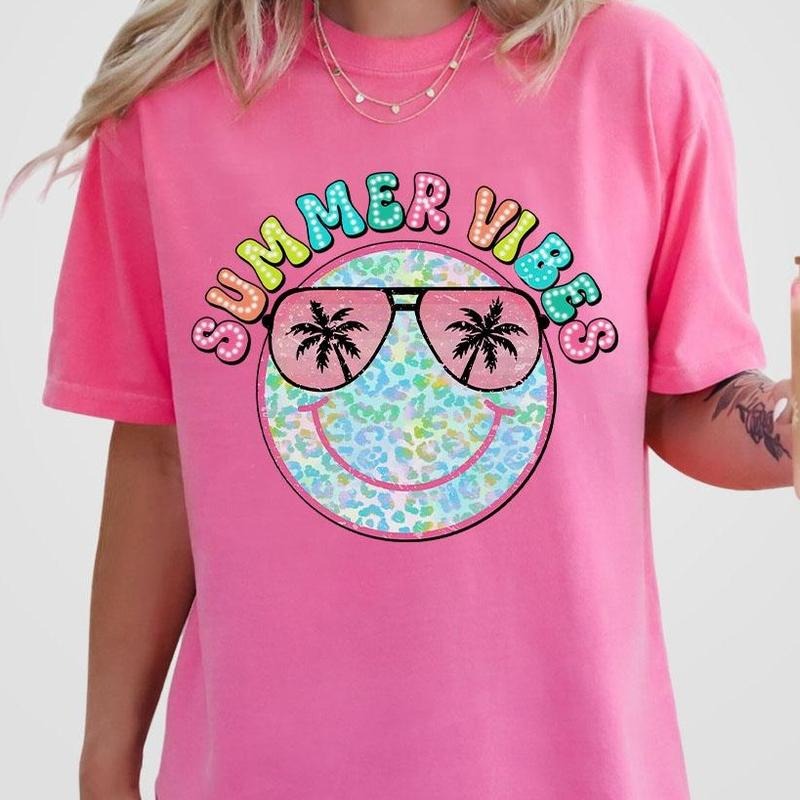 Summer Smiling Face Shirt, Retro Summer Tee, Summer Outfits For Women, Summer Leopard Shirt, Vingate Summer Tee, Funny...
