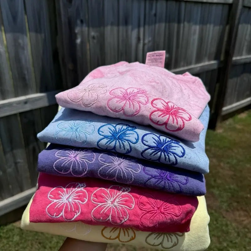 Summer Tshirt, Short Sleeve Tshirt, Comfortable Embroidered Tshirt, Hibiscus Flowers Hoodie Sweatshirt | PrintMintTees.com