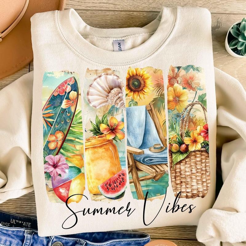 Summer Vibes Sweatshirt Retro Beach Scene Graphic Pullover Cozy Summer Crewneck for Women Shirt Hoodie | PrintMintTees.com