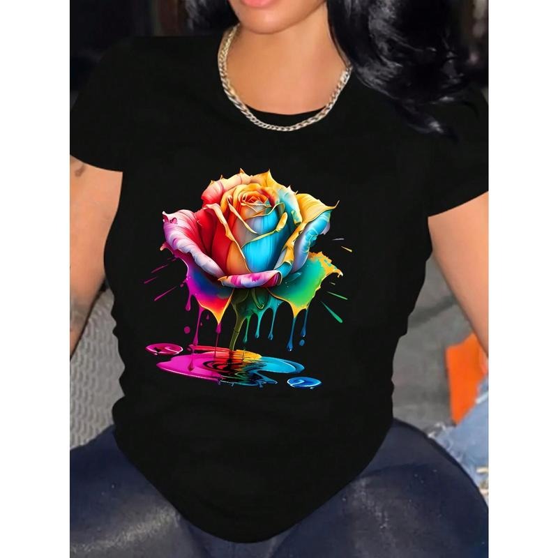 Women's Casual Floral Print T-Shirt, Polyester Blend, Relaxed Fit, Round Neck, Machine Washable, Spring/Summer style 02...