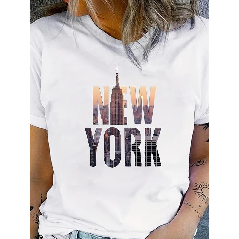 Women'S New York Graphic Print T-Shirt, Casual Crew Neck, Polyester Knit Fabric, Regular Length, Alphabet Pattern,...