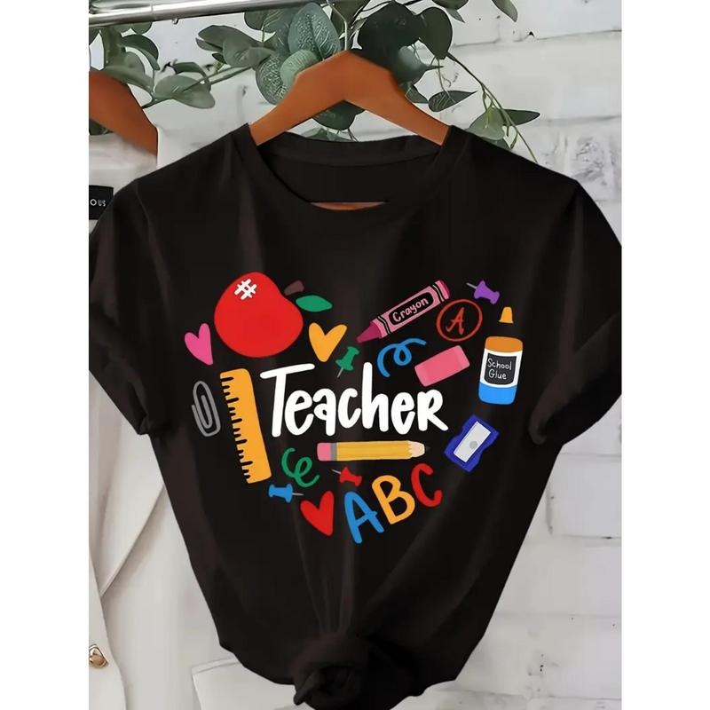 Women's Casual Short Sleeve T-Shirt - Teacher-Themed Graphic Print with Icons, 100% Cotton Loose Fit Round Neck Tee for...