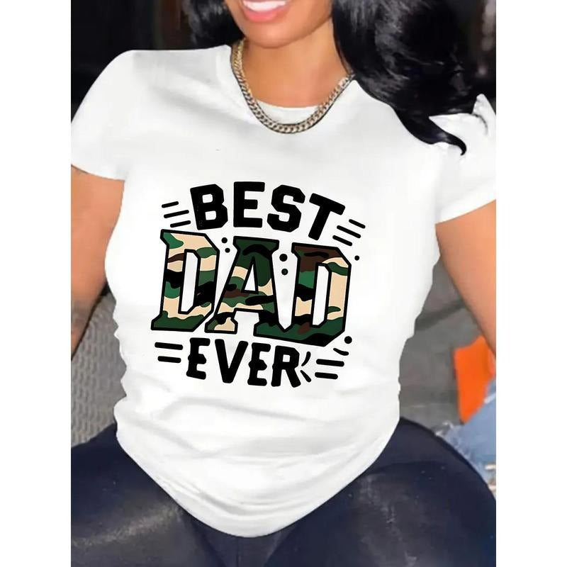 Women's Oversized Father's Day T-Shirt - White Camouflage "BEST DAD EVER" Print, Casual Short Sleeve Round Neck Tee,...