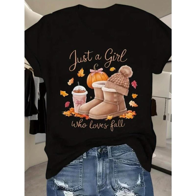 Women's Fall Graphic T-Shirt - "Just a Who Loves Fall" Pumpkin & Autumn Leaves Print, Breathable Cotton Moisture-Wicking...