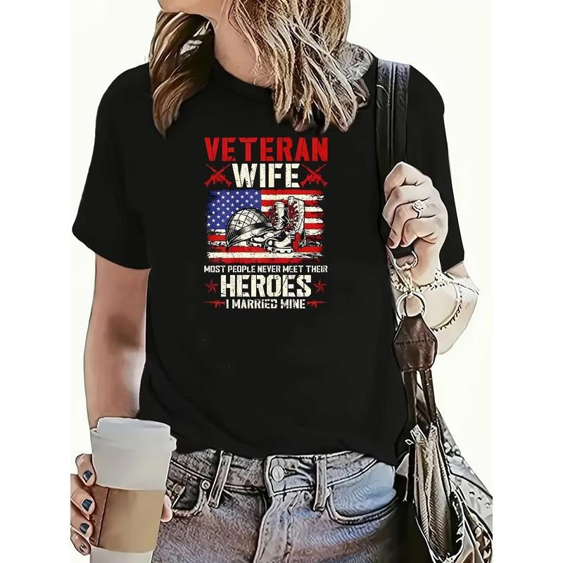 Women's Patriotic Veteran Memorial T-Shirt - American Flag & Soldier Silhouette Design, Soft Non-Fading Comfort Fit...