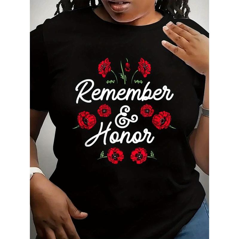 Women's Memorial Day Red Poppy Flower & "Remember & Honor" Print T-Shirt
