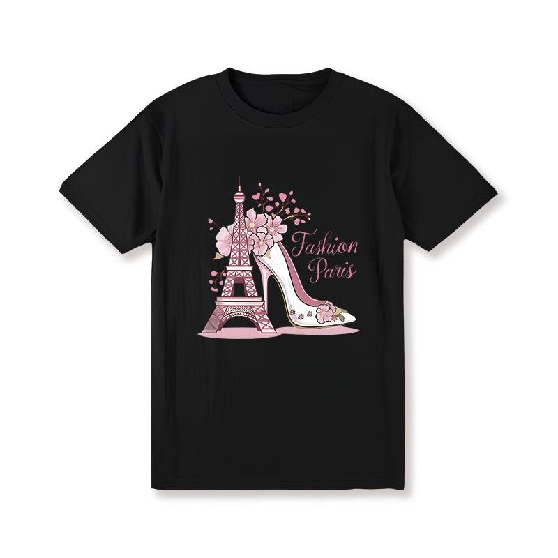Soft  Women's Casual Crew Neck Short Sleeve Graphic T-Shirt | Vibrant Eiffel Tower Alphabet Pattern, Relaxed Fit, Regular...