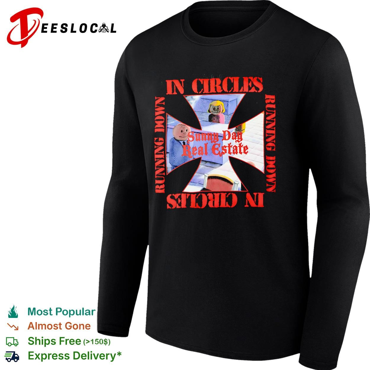 Sunny Day Real Estate in circles running down shirt
