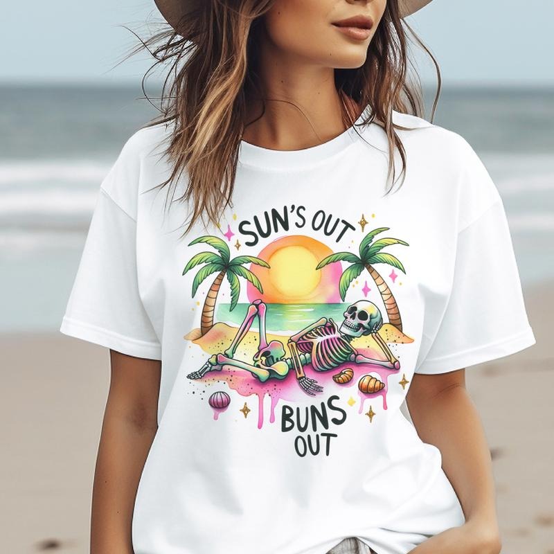 Suns Out Buns Out Skeleton Graphic Tee Beach Skull Sunset Tshirt Vacation Rocker T-Shirt Casual Unisex Shirt Hoodie,...