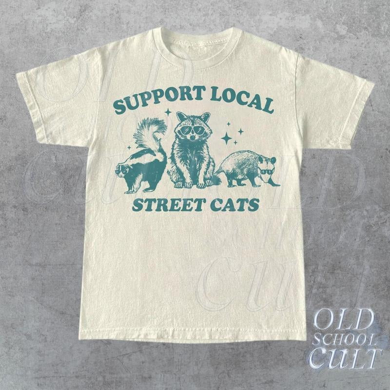 Support Your Local Street Cats Graphic T-Shirt, Retro Unisex Adult T Shirt, Vintage Raccoon T Shirt, Nostalgia T Shirt,...