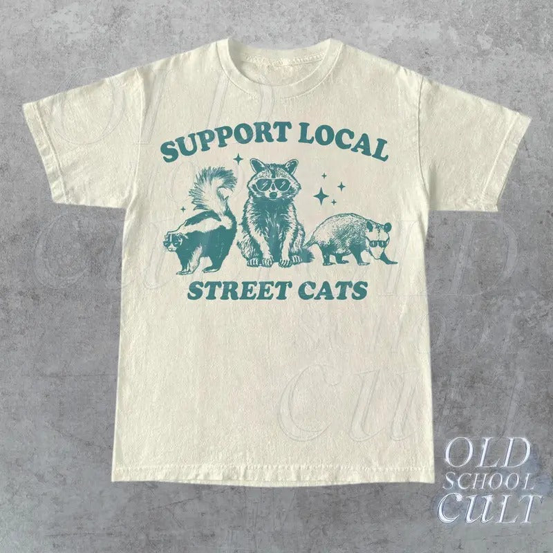 Support Your Local Street Cats Graphic T-shirt Retro Unisex Adult T Shirt Vintage Raccoon T Shirt Nostalgia T Shirt...