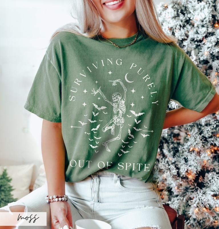 Surviving Purely out of Spite Shirt, Funny Goth Celestial Skeleton and Bats Shirt, Bat Lover Gothic Boho Garment Dyed...